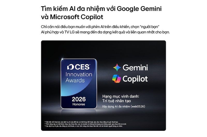 The 2026 CES Innovation Awards Honoree badge in the Artificial Intelligence category recognizes Multi-AI search with Google Gemini and Microsoft Copilot.